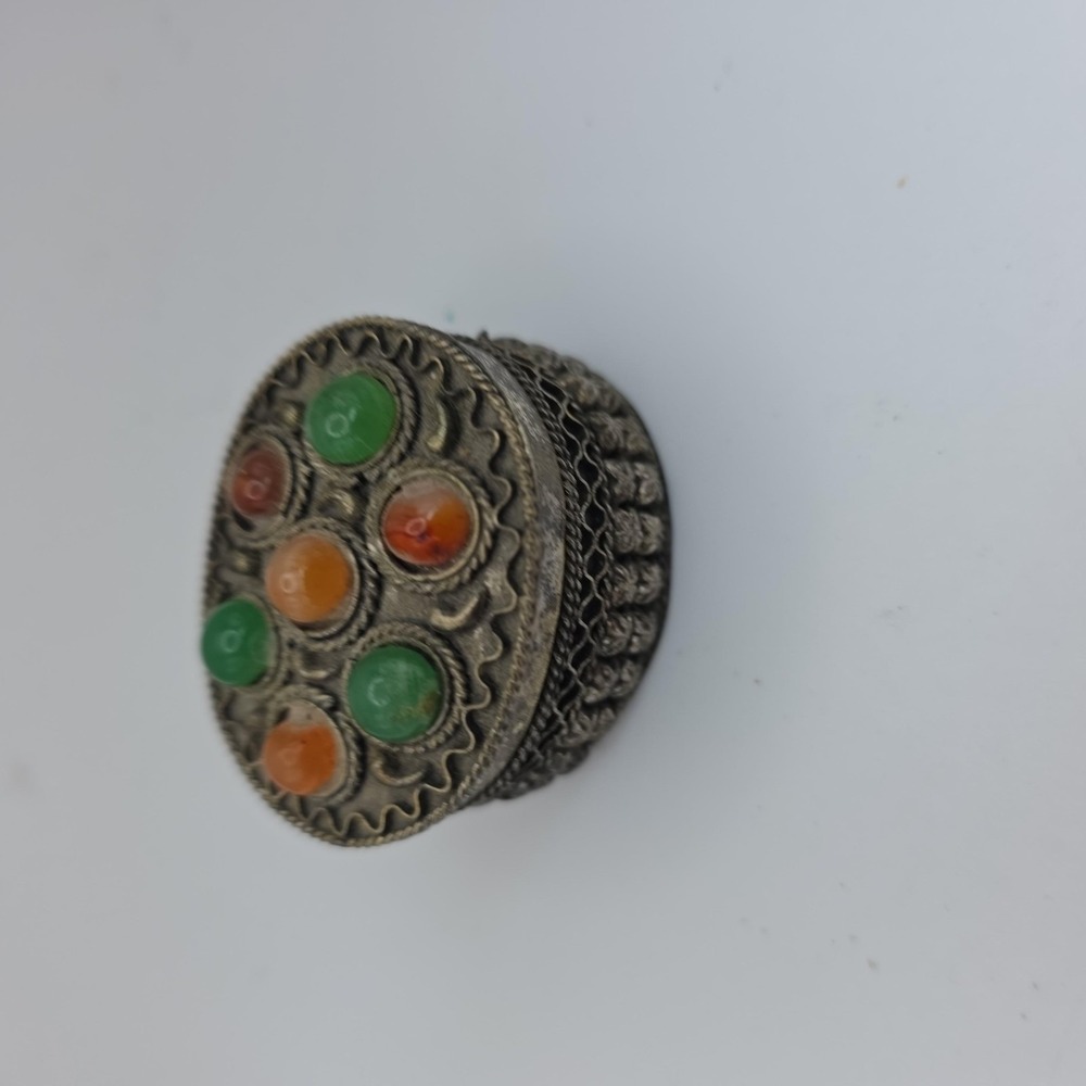 Two's Company Small Silver Metal Oval Trinket Box Glass Cabochon Decor